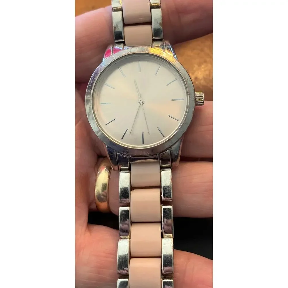 Women's Joe Fresh 38mm Watch, Silver Tone and Pale Pink Link Band
